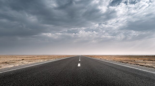 commute. A minimalist panoramic view of an empty asphalt road stretching into the distance under a cloudy sky. mobility guides, transit brochures, designed for transport & logistics marketing.