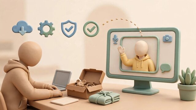 Remote employee onboarding with virtual meeting and digital tools on