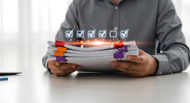 Efficient Document Management Businessman holding a stack of papers with colorful binder clips and glowing digital checkmark icons ideal for business administration and quality control.