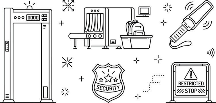 Airport security checkpoint line icon vector set featuring metal detector xray scanner badge handheld wand and warning sign