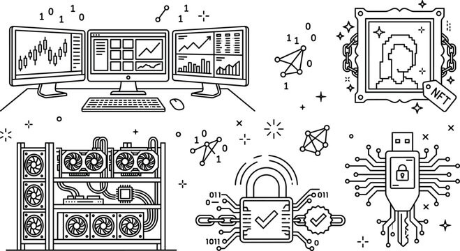 Cryptocurrency mining rig and digital asset line icon vector set featuring nft trading dashboard security blockchain hardware wallet