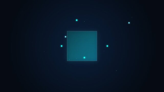 Glowing neon 3d cube rotating in dark space with light particles