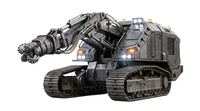 Futuristic heavy mining vehicle with rotary drill cutter, industrial sci-fi tunnel boring machine, continuous tracked excavator equipment isolated PNG with Transparent Background