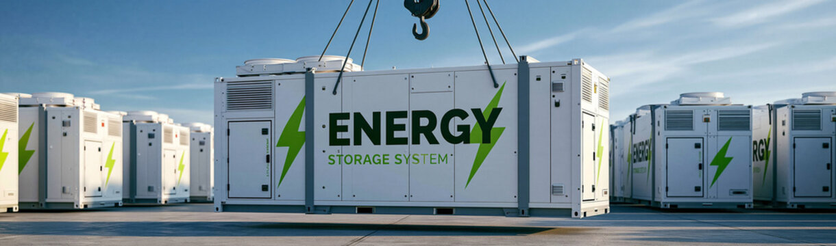 Energy Storage Systems: Large white industrial units with green lightning bolt logos being lifted by crane under clear blue sky, symbolizing renewable energy infrastructure.