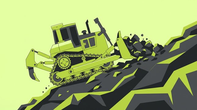 Cartoon large crawler dozer pushing rubble down rocky slope