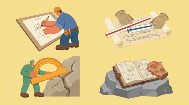 Flat Illustration Set of Engineers and Architects Working with Technical Plans and Tools