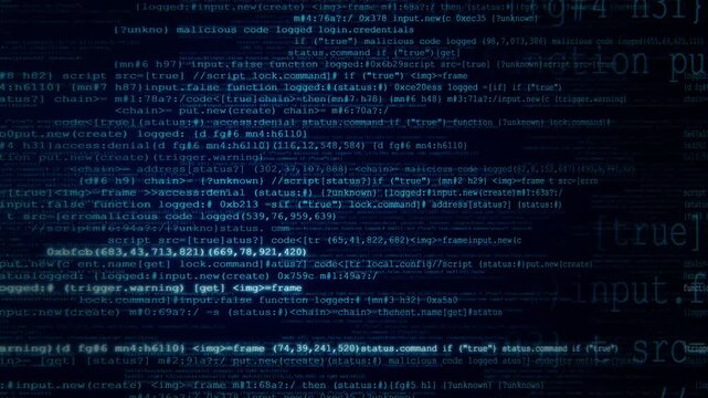 Abstract 3d animation of digital code scrolling in a dark cyber security background