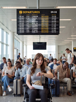 Wheelchair user checking her watch at crowded airport gate with delayed flight