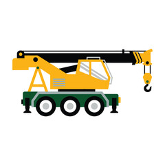 Yellow mobile crane truck with green chassis and black hook on white background © MDRONJU