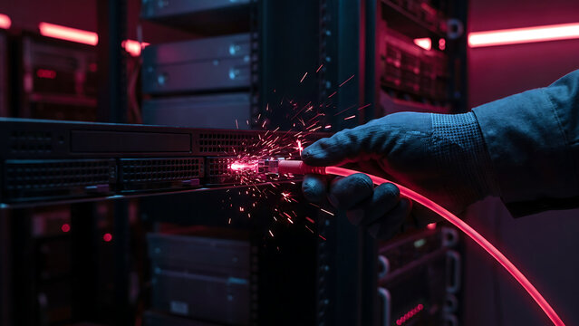 サーバーに赤く光るネットワークケーブルを差し込み火花が散る手袋の手