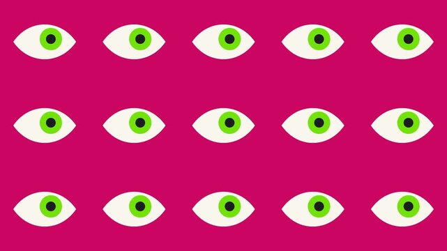 Stylized Cartoon Green Eyes Blinking And Shifting Gaze In Synchronized Rows On A Vivid Pink Background