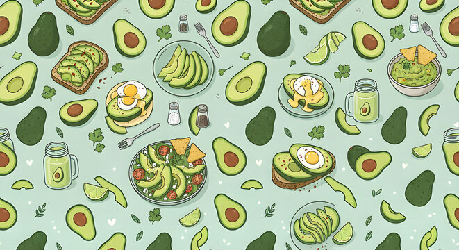 Avocado pattern background with toast, salad, guacamole and smoothie