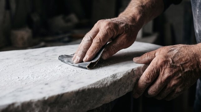 Weathered Hands Sanding a White Marble Slab with Sandpaper
