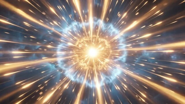 Abstract cosmic explosion with bright light rays and swirling blue nebula clouds in deep space 4k video