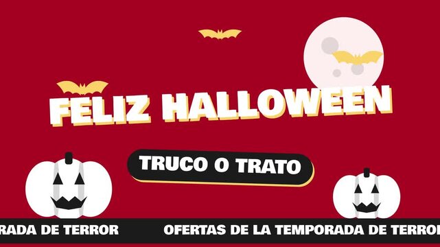 Fondo animado en bucle de ofertas de Halloween con calabazas, murci&eacute;lagos y luna llena