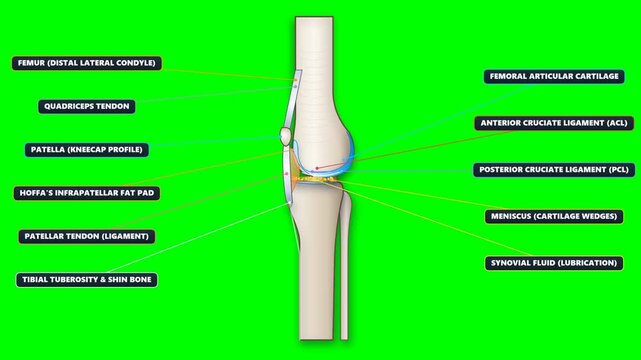 Medical 2D flat animation loop of human knee joint in sagittal lateral side view showing femur tibia articulation backward flexion extension, patella kneecap, meniscus cartilage shock absorption, cruc