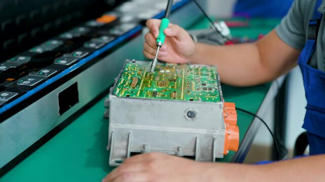 Technician soldering components on an electronic circuit board at a factory workstation, using a soldering iron for precise assembly, testing, and repair.