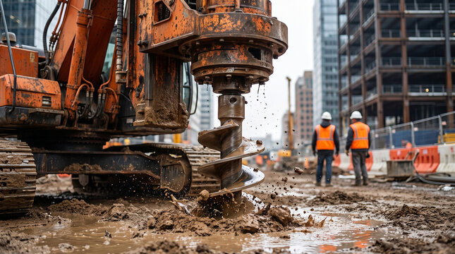 A heavy excavator drills deep into a muddy construction site while workers oversee urban development