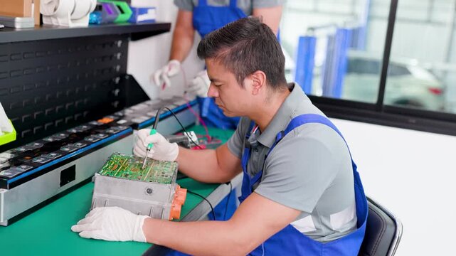 Technician in gloves repairing a printed circuit board at an electronics workstation, using precision tools to diagnose and solder components on a green PCB.