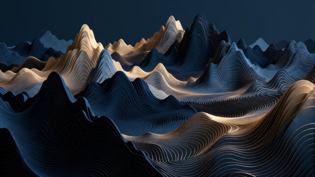 Abstract Topographic Landscape with Layered Mountains and Gold Highlights