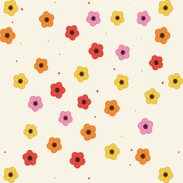 Flowers in multicolor with stars on pale background.