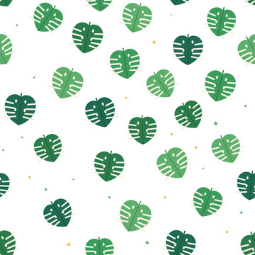 Green monstera leaves with stars background pattern.