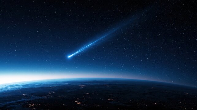 Bright comet streaking over curved Earth surface with glowing atmosphere and city lights, astronomy space cosmic concept design artwork