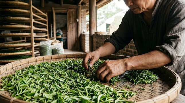 Artisan Tea Maker Sorting Fresh Green Tea Leaves on Traditional Bamboo Tray