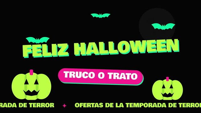 Fondo animado en bucle de ofertas de Halloween con calabazas, murci&eacute;lagos y luna llena