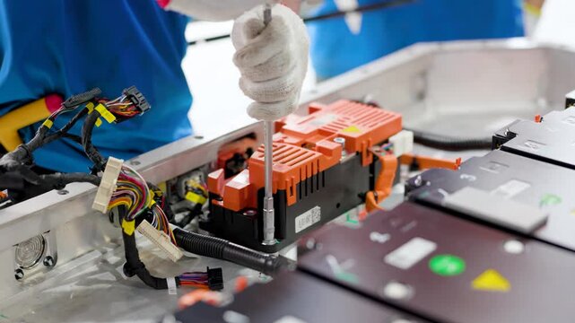 Technicians in gloves assemble an electric vehicle battery pack with a screwdriver, highlighting maintenance and manufacturing of lithium power modules in a clean workshop.