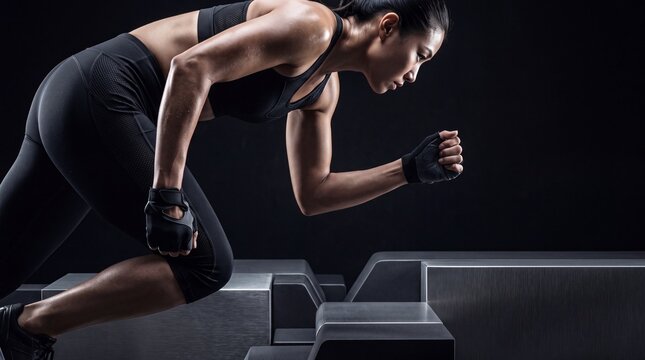 Fit athletic woman in black sportswear with gloves, in a low starting position on metal cubes, focused and determined, dark studio background, fitness and exercise concept