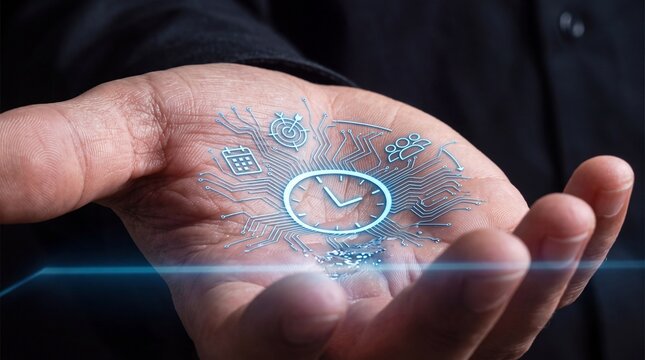 Hand holding digital clock interface glowing with circuit board pattern, representing time management and digital technology concepts