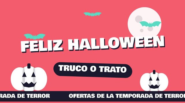 Fondo animado en bucle de ofertas de Halloween con calabazas, murci&eacute;lagos y luna llena