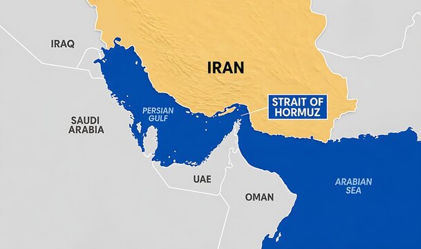 Strategic Map of the Strait of Hormuz Connecting the Persian Gulf to the Arabian Sea Near Iran, UAE and Oman.