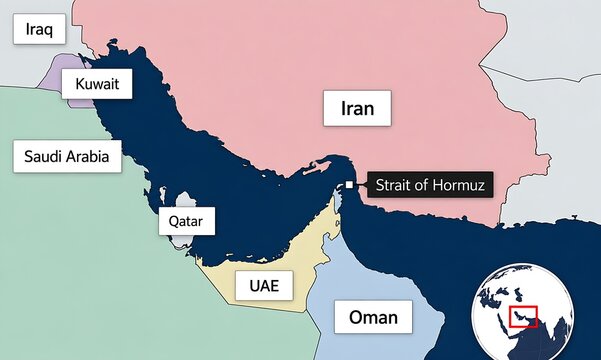 Map of the Strait of Hormuz and Surrounding Gulf Countries - Iran, Iraq, Kuwait, Saudi Arabia, Qatar, UAE and Oman.