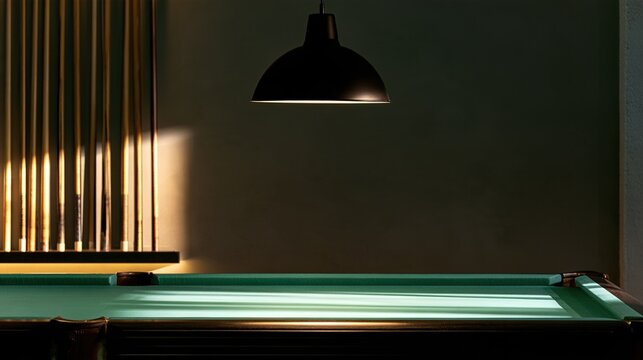 billiard. Vintage billiard hall interior with a single lamp illuminating a green table and wooden cues on the wall. event key visuals.