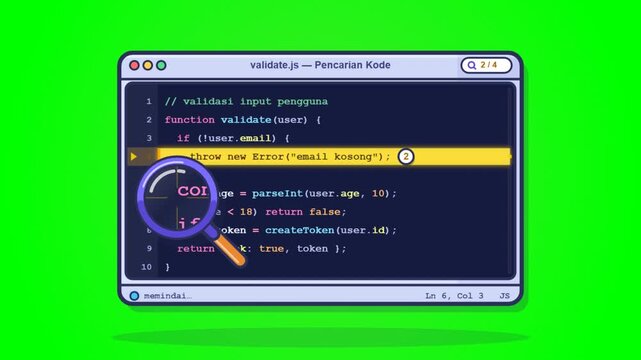 Magnifying glass scanning javascript code on green screen background