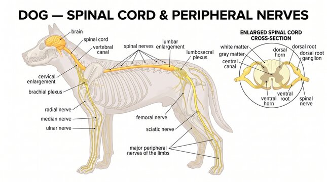 Diagram showing dogs spinal cord and peripheral nerve anatomy with labels