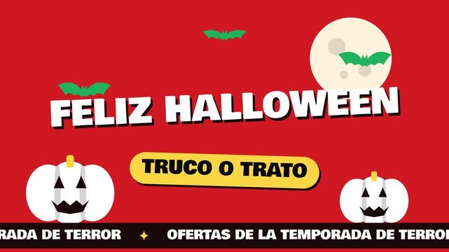 Fondo animado en bucle de ofertas de Halloween con calabazas, murci&eacute;lagos y luna llena