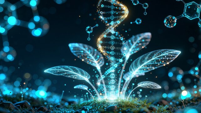 Glowing Digital DNA Strand Intertwined with Plant Leaves