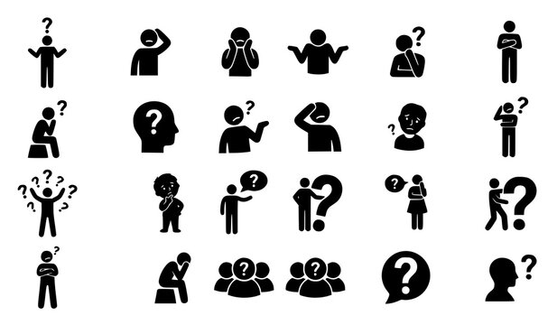 Thinking people and confusion stick figures set with question mark icons for decision making process
