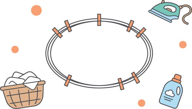 Laundry service frame template featuring a clothesline rope border clothes pins laundry basket steam iron and detergent bottle icon elements