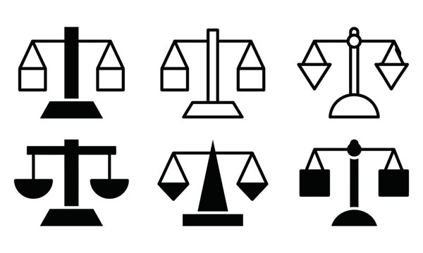 A collection of black and white balance scale icons representing justice and equilibrium concepts