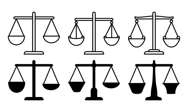 A collection of balance scales icons representing justice fairness and equilibrium in various designs