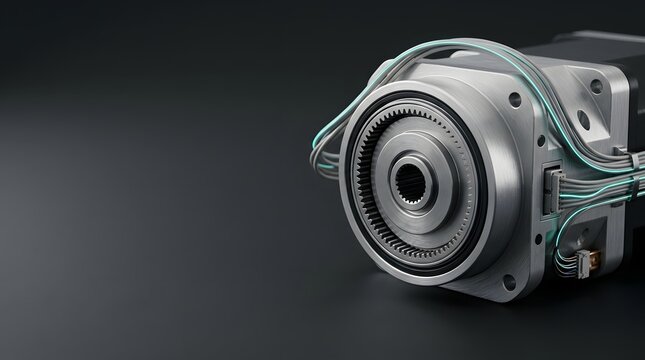 Robotic Joint Actuator with Harmonic Drive Gear and Sensor Cabling on Dark Background