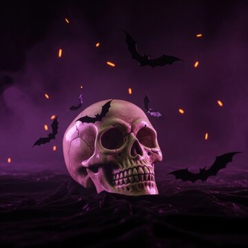Realistic human skull sculpture resting on dark velvet fabric under purple light, featuring silhouetted bats flying in a smoky atmosphere with glowing orange ember particles.