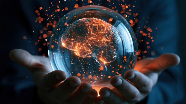 Glowing brain inside crystal sphere held in hands with swirling particles during concept visualization
