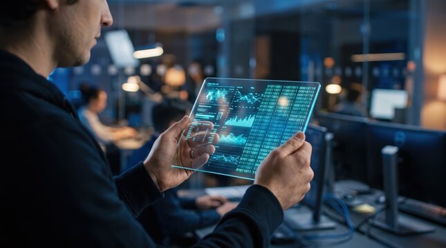 Programmer man holding transparent holographic tablet displaying binary code and complex data visualization graphs in dark high tech computer programming development workspace