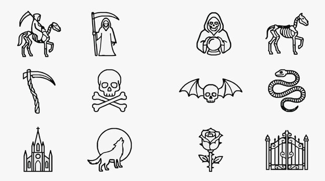 Haunting Icons Set Featuring Skeletons Death Symbols and Gothic Motifs for Design Projects