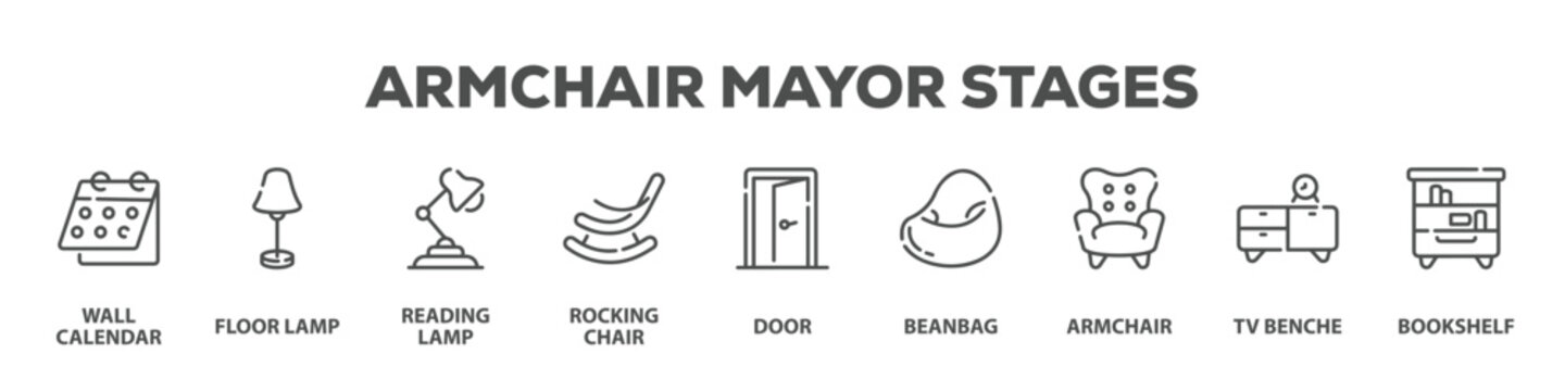 Armchair Mayor Stages with icon of Wall calendar, Floor lamp, Reading lamp, Rocking chair, Door, Beanbag, Armchair, Tv benche, Bookshelf